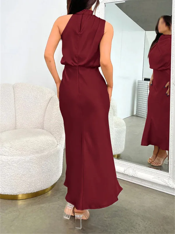 Halter Neck Satin Dress with Slim-Fit Design