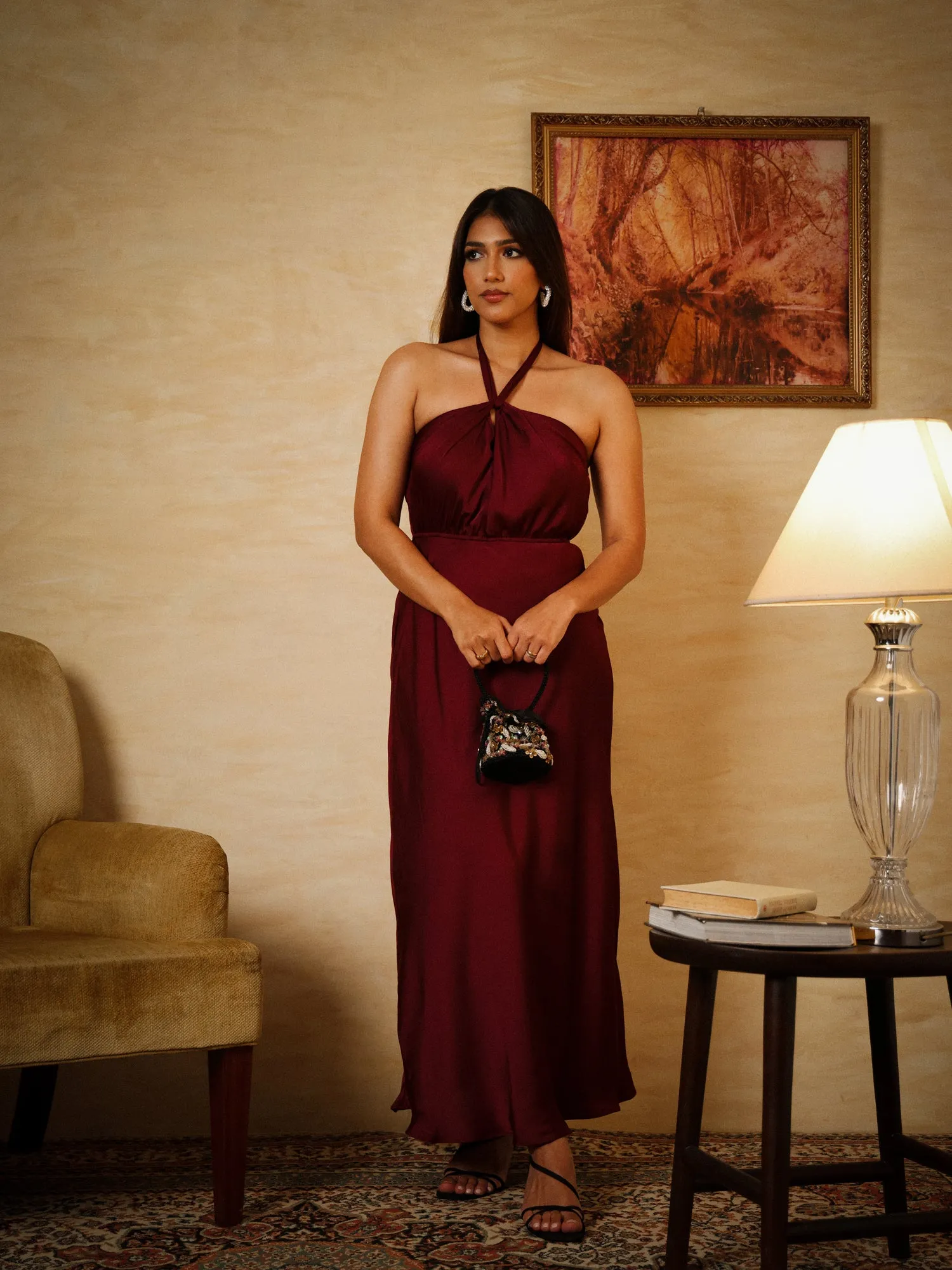Halter Neck Satin Midi Dress