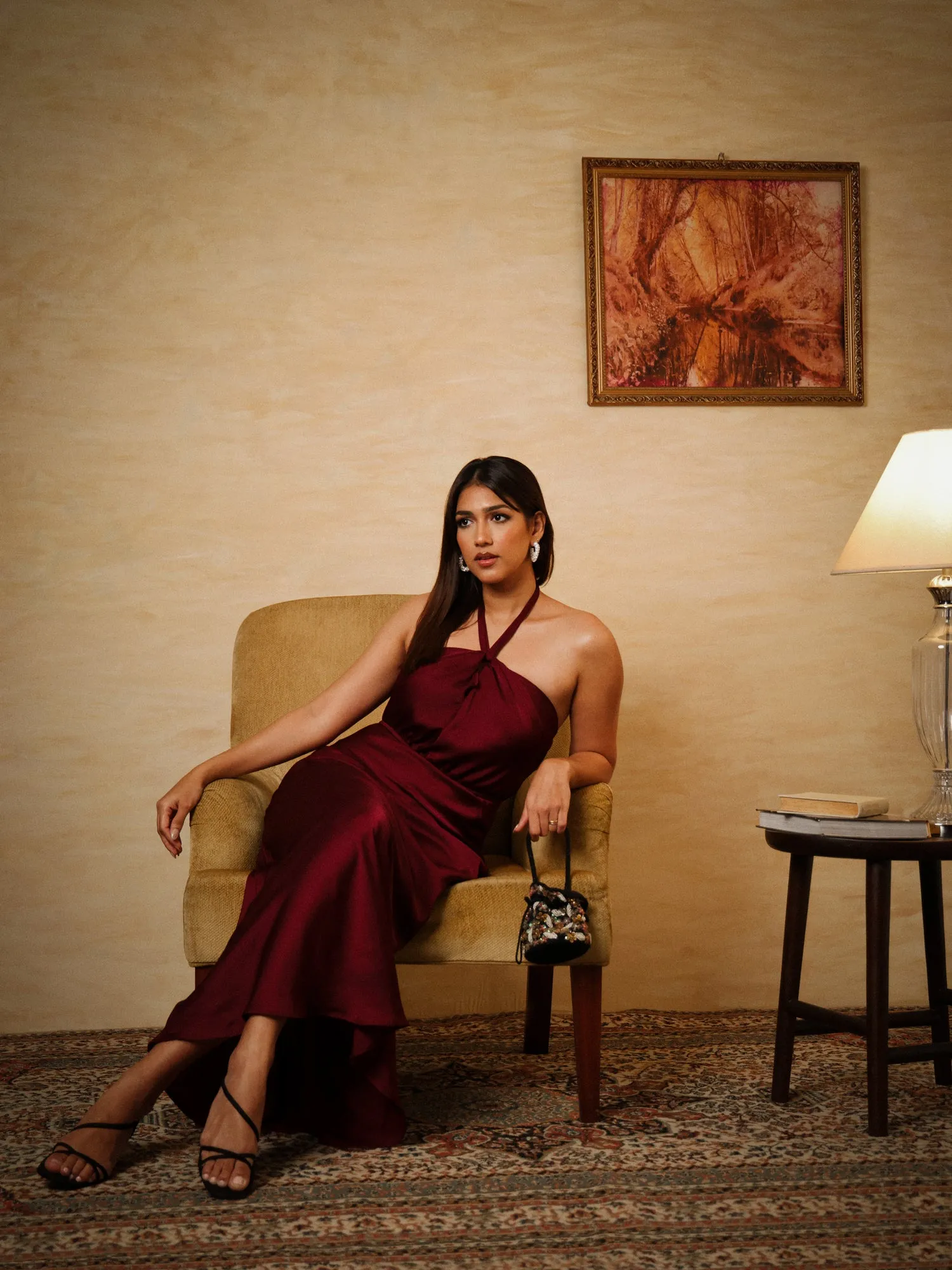 Halter Neck Satin Midi Dress