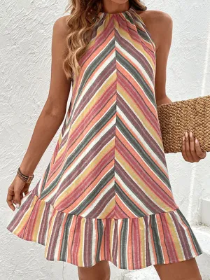 Halter Neck Sleeveless Dress with Striped Print and Flared Hem