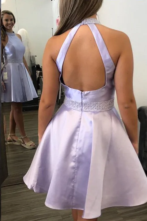 Halter Short Lavender Homecoming Dress with Beading