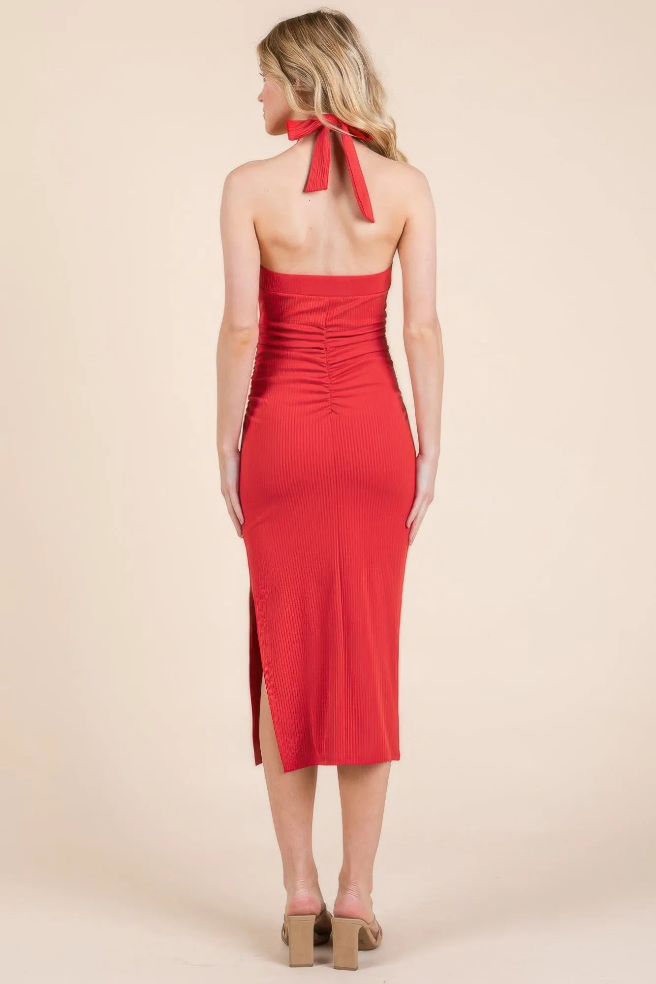Halter Tied Criss-cross Midi Ribbed Dress