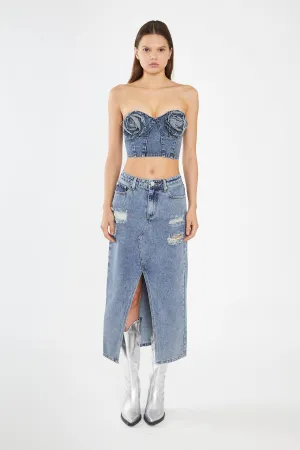 Heavy-Vintage Wash Denim Corsage Crop-Top
