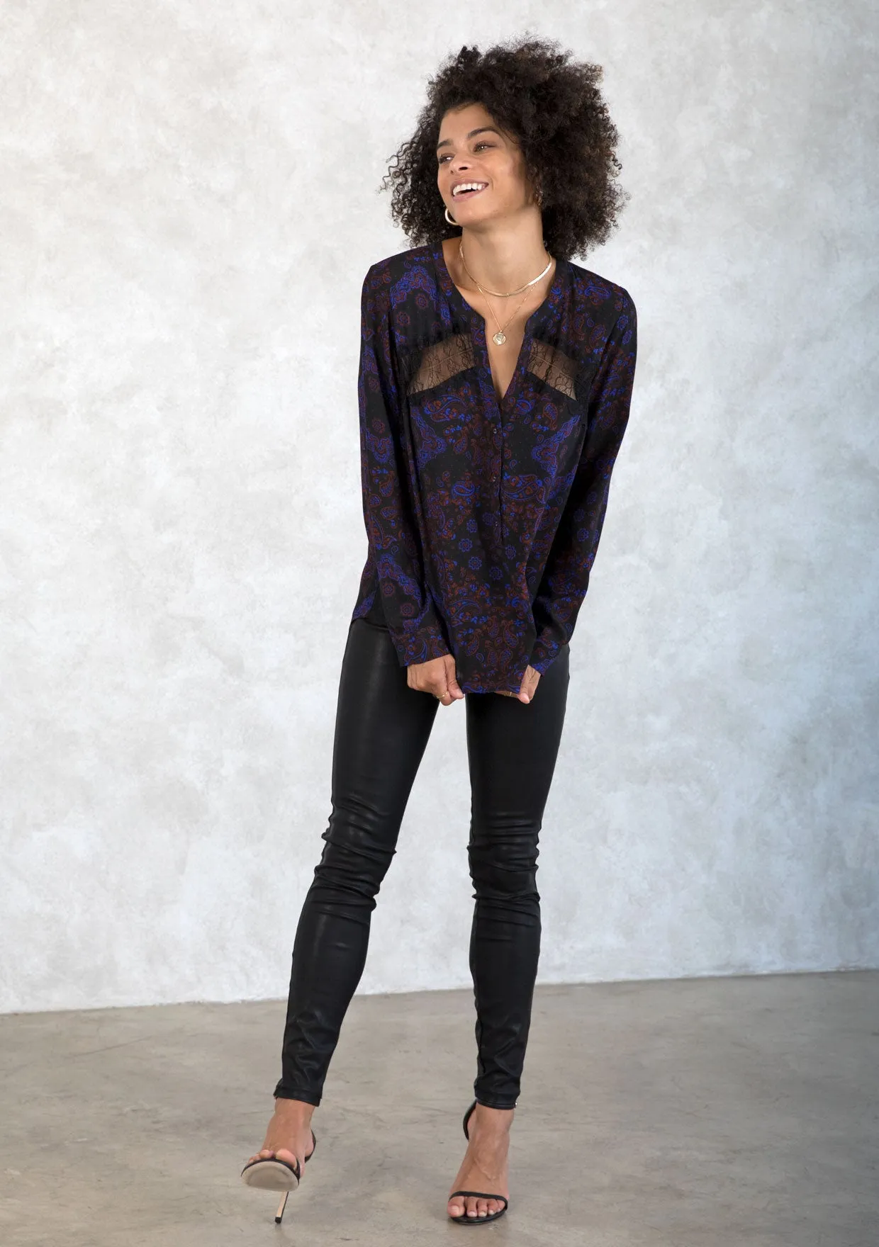 Holiday Bandana Print Lace Detail Button Front Top