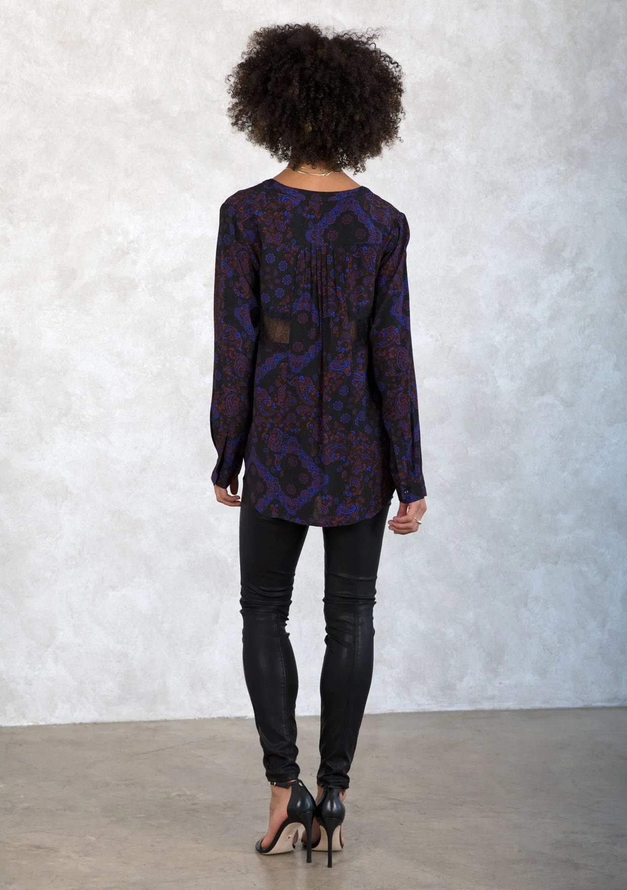 Holiday Bandana Print Lace Detail Button Front Top