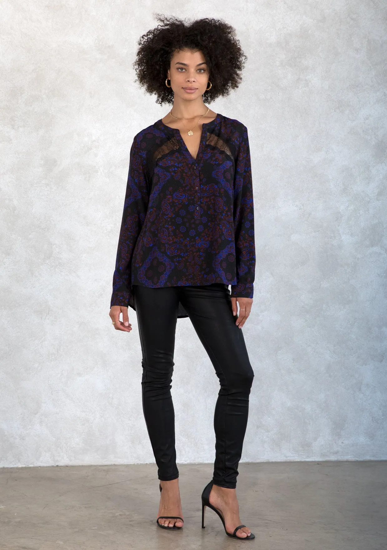 Holiday Bandana Print Lace Detail Button Front Top