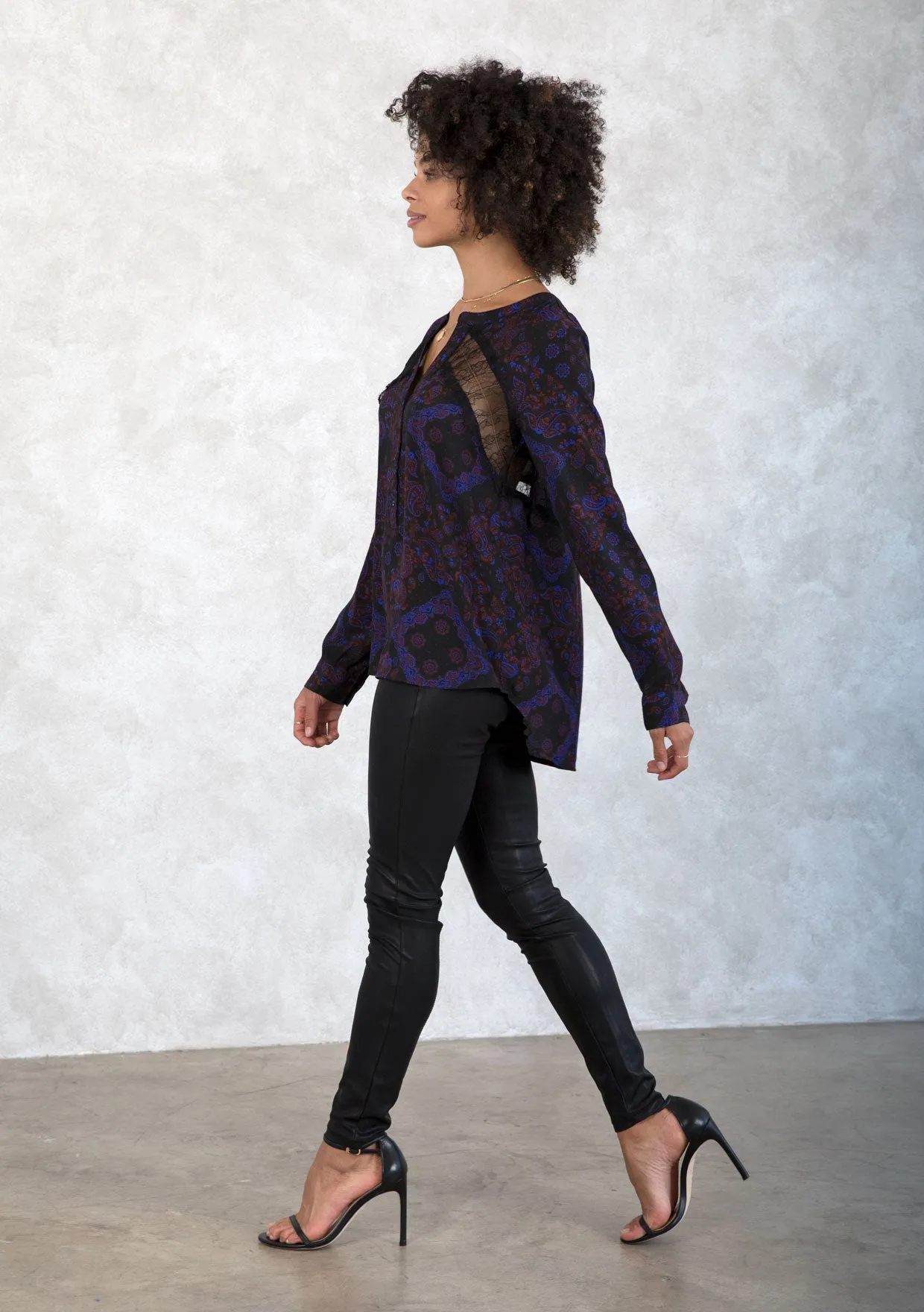 Holiday Bandana Print Lace Detail Button Front Top
