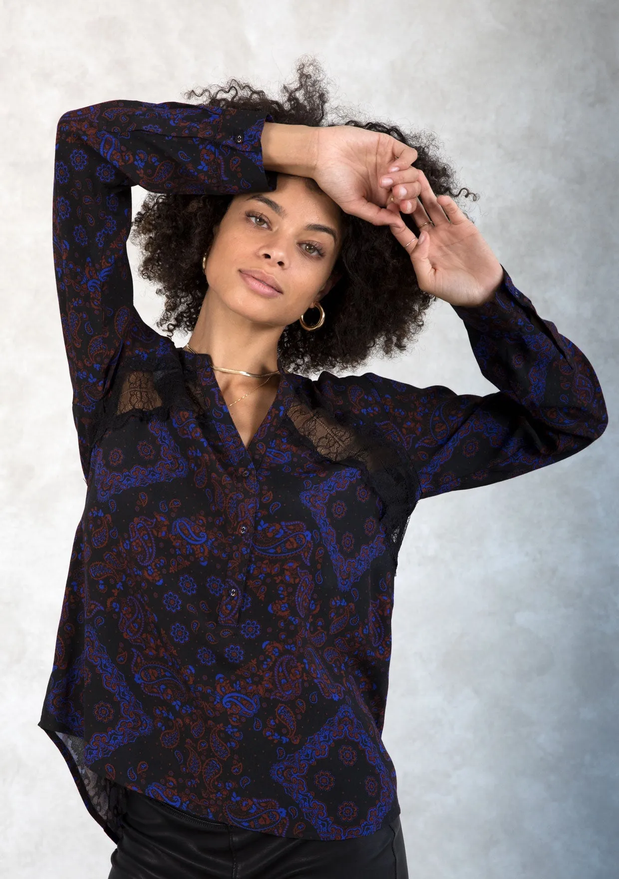 Holiday Bandana Print Lace Detail Button Front Top