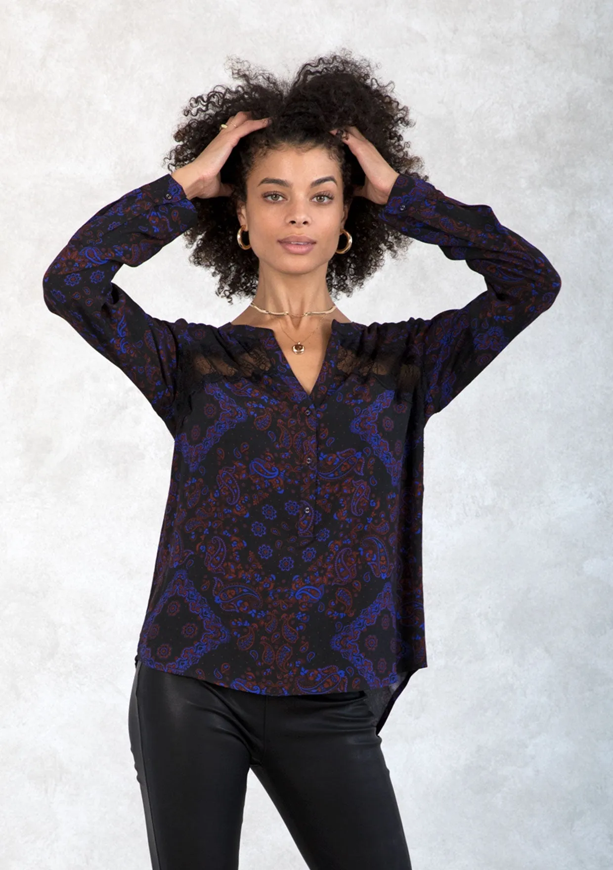Holiday Bandana Print Lace Detail Button Front Top