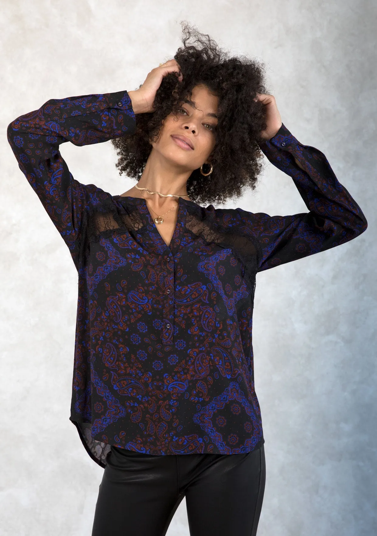 Holiday Bandana Print Lace Detail Button Front Top