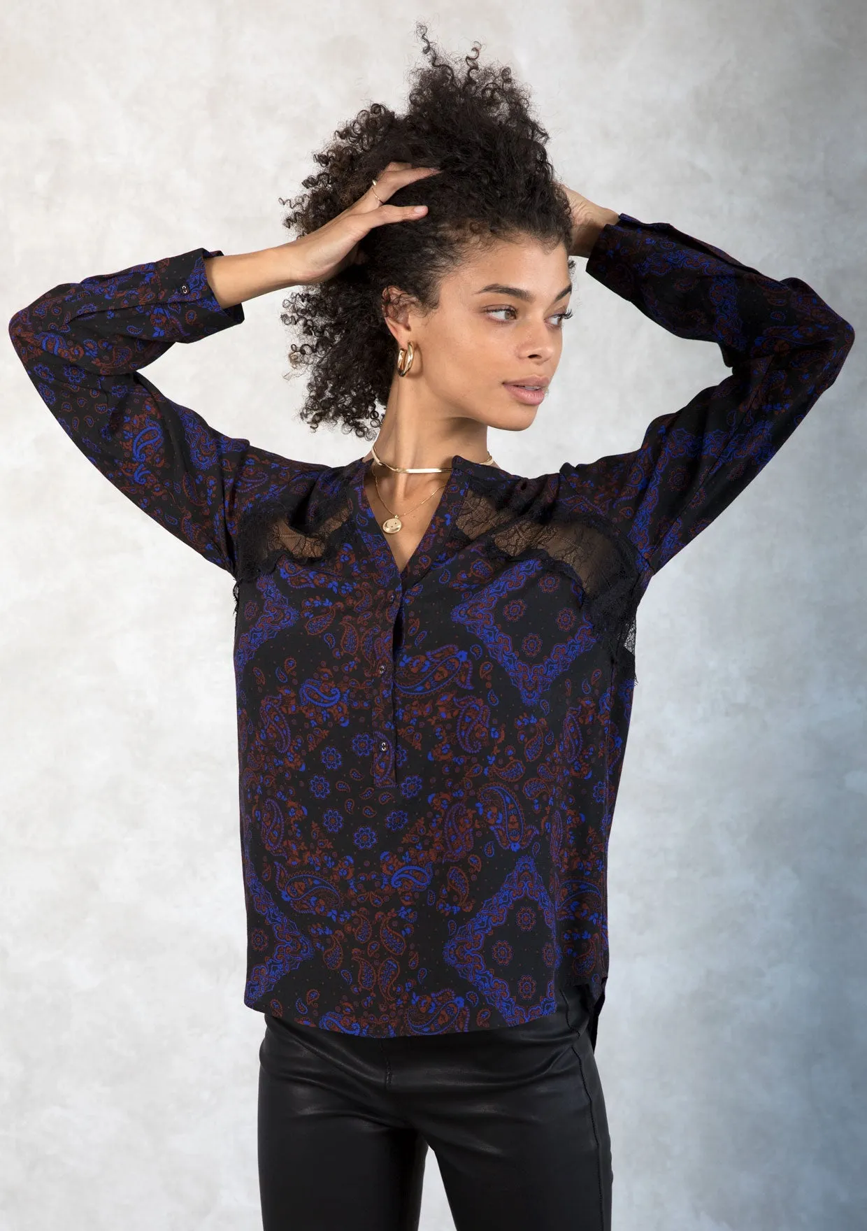 Holiday Bandana Print Lace Detail Button Front Top