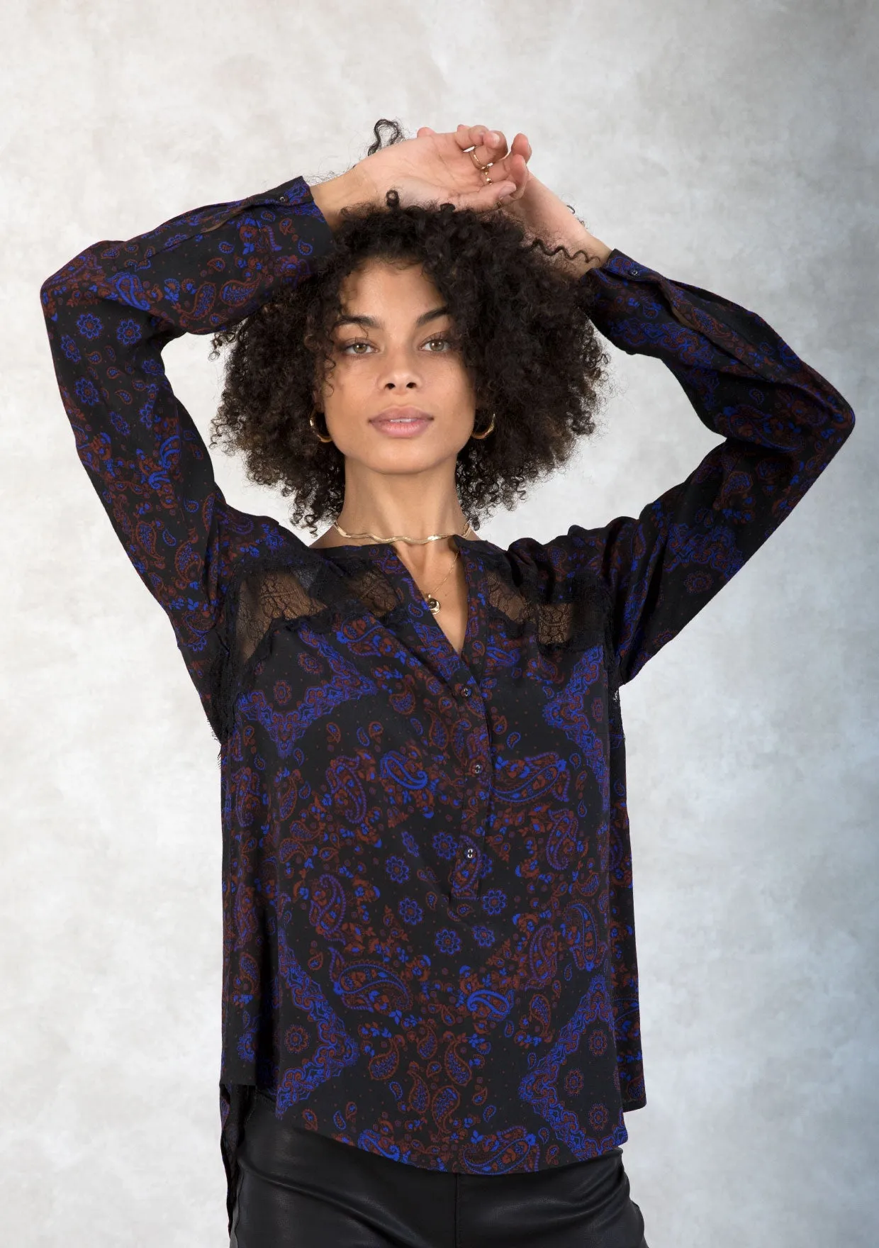 Holiday Bandana Print Lace Detail Button Front Top