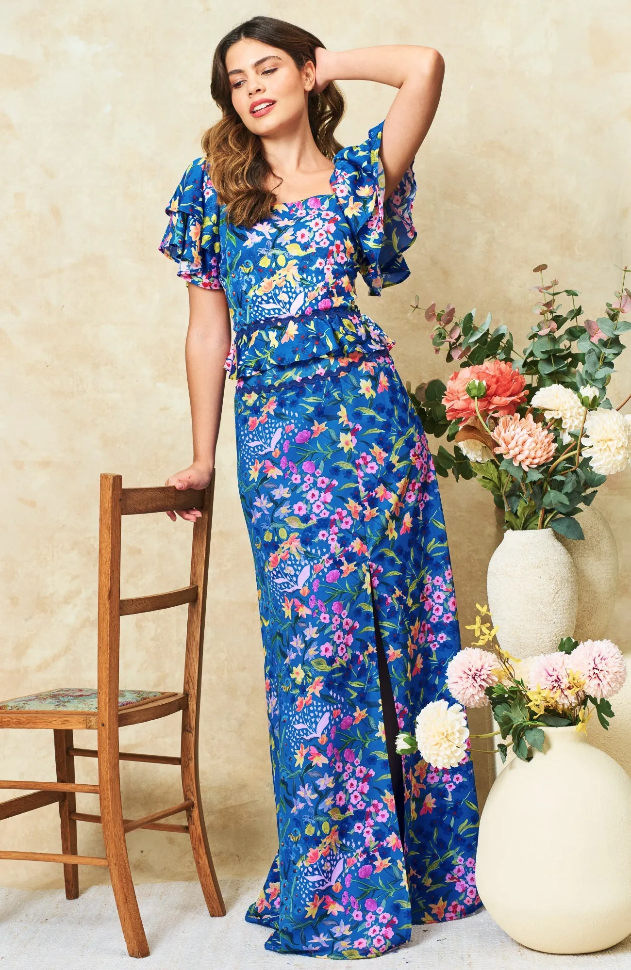 Hope & Ivy Arden & Anne Blue Floral Print Skirt & Top Twin Set