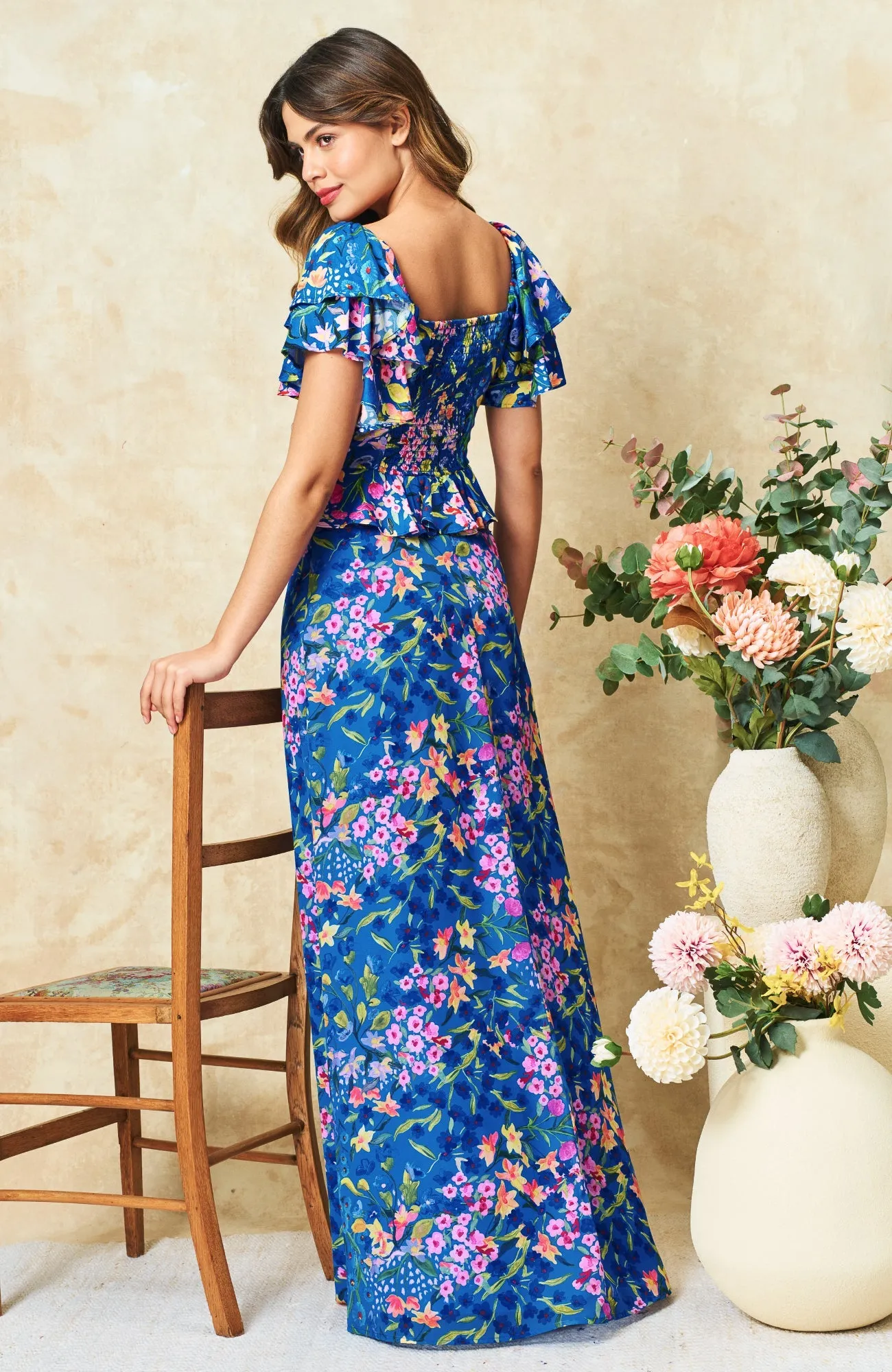 Hope & Ivy Arden & Anne Blue Floral Print Skirt & Top Twin Set