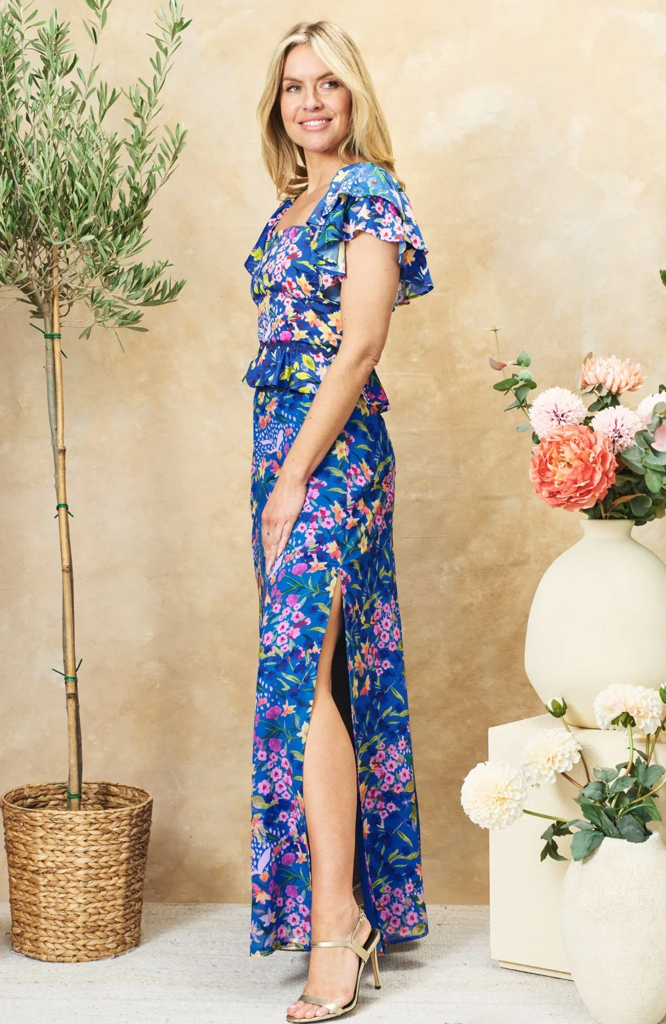 Hope & Ivy Arden & Anne Blue Floral Print Skirt & Top Twin Set