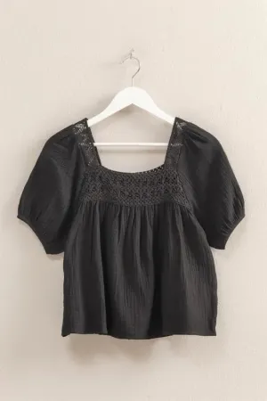 HYFVE Crochet Detail Puff Sleeve Peasant Top for Women