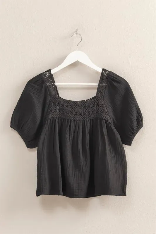 HYFVE Crochet Detail Puff Sleeve Peasant Top for Women