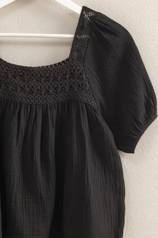 HYFVE Crochet Detail Puff Sleeve Peasant Top for Women