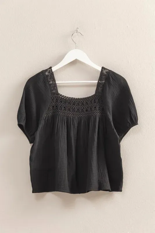 HYFVE Crochet Detail Puff Sleeve Peasant Top for Women