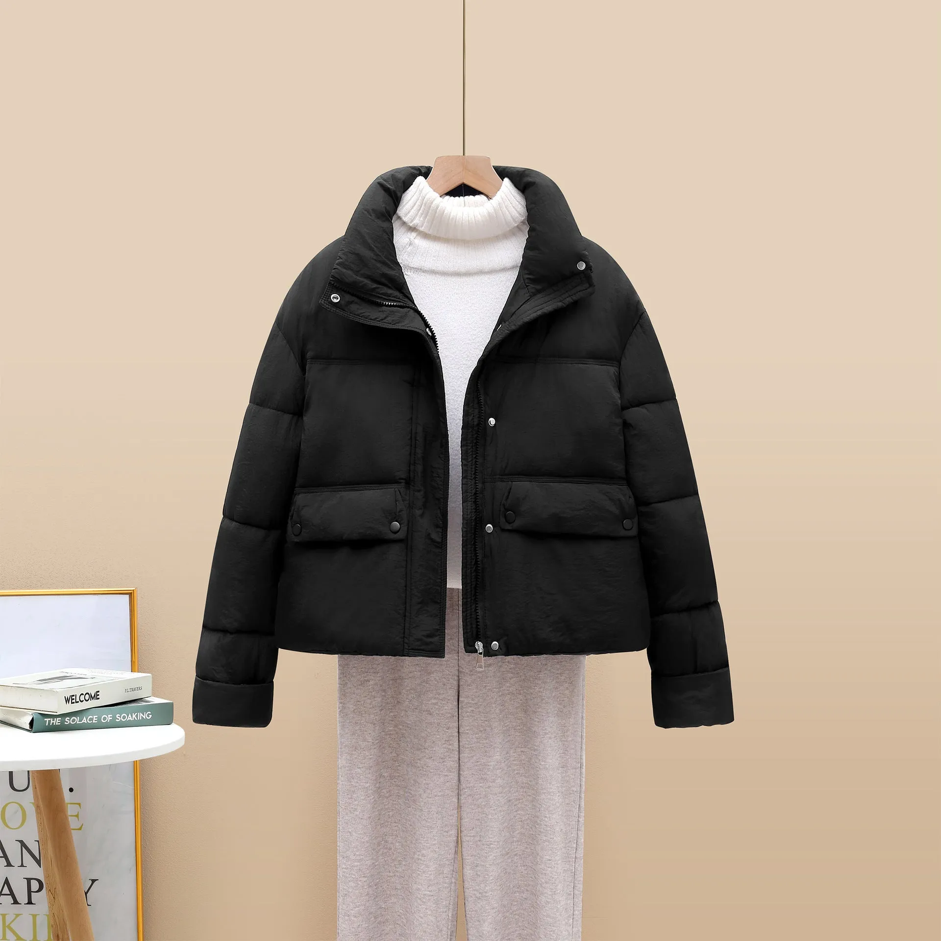 Insulated and Windproof Quilted Puffer Jacket with Flap Pockets
