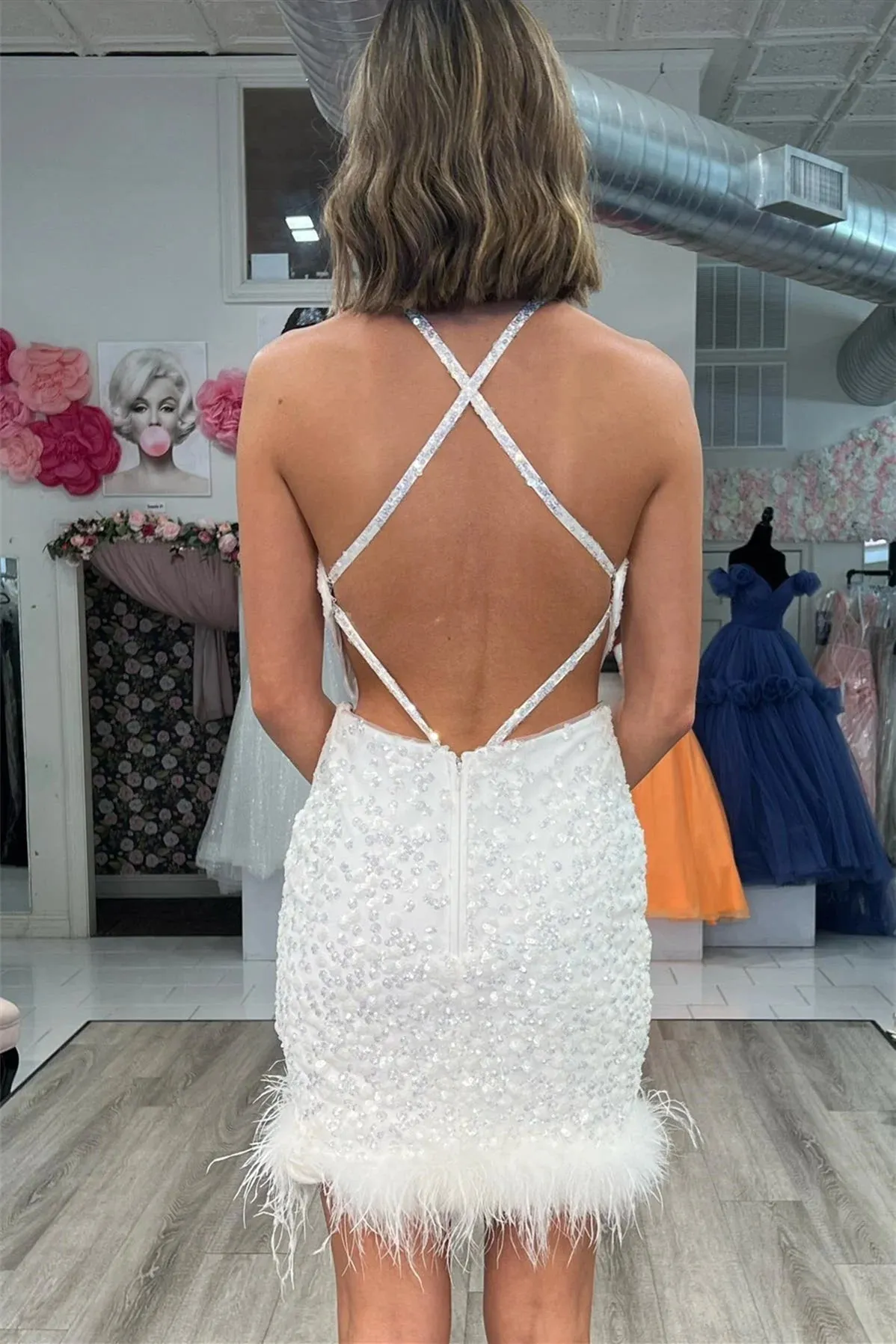 Ivory Sequins Sheath Halter Straps Homecoming Dress with Feathers