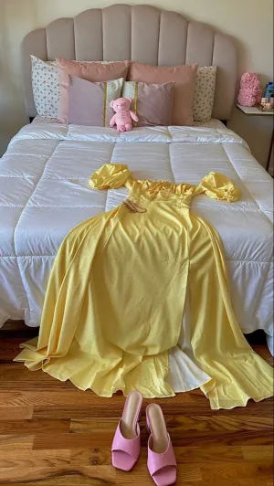 JazzHer Classy A line Off The Shoulder Yellow Satin Long Party Dress Prom Dresses Evening Dress (PRE-ORDER)