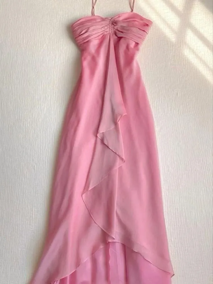 JazzHer Elegant A Line Halter Long Chiffon Pink Prom Dresses Evening Dress (PRE-ORDER)