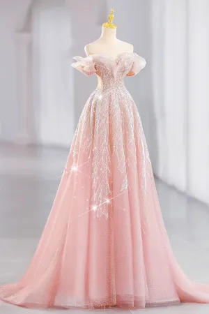 JazzHer Elegant A line Off The Shoulder Sequin Pink Evening Dress Long Prom Dresses (PRE-ORDER)