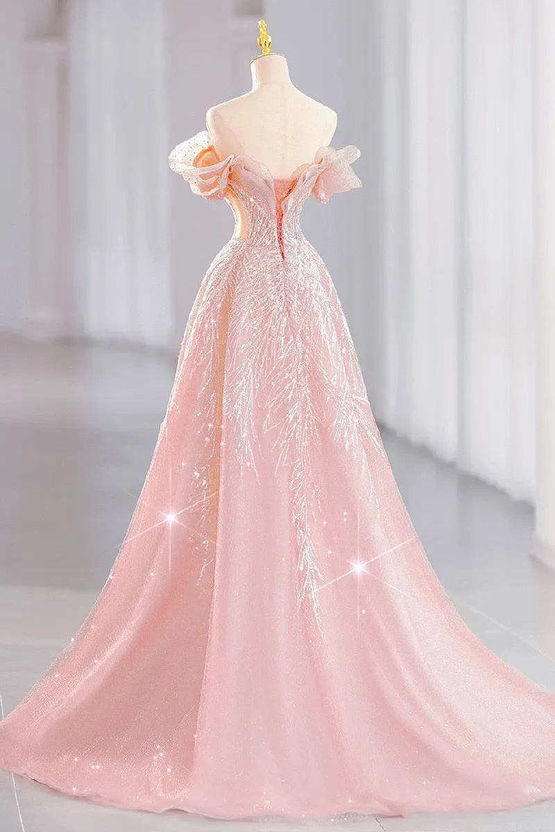 JazzHer Elegant A line Off The Shoulder Sequin Pink Evening Dress Long Prom Dresses (PRE-ORDER)