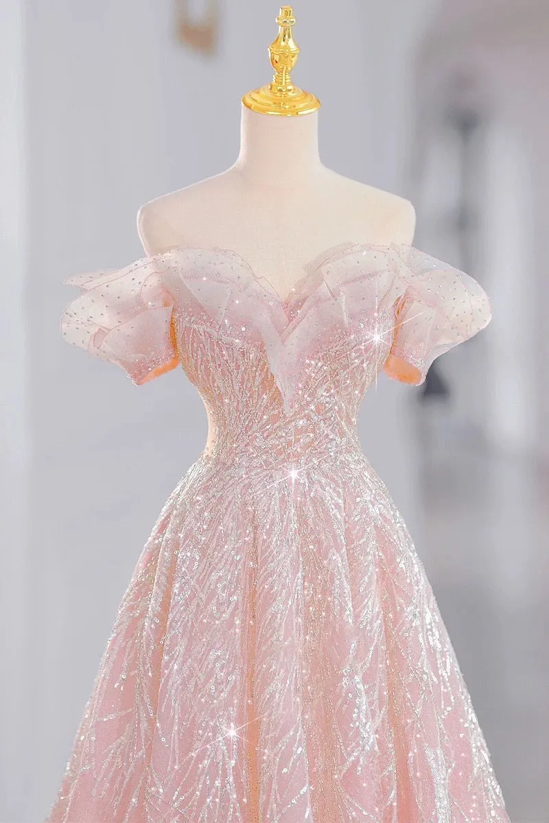JazzHer Elegant A line Off The Shoulder Sequin Pink Evening Dress Long Prom Dresses (PRE-ORDER)
