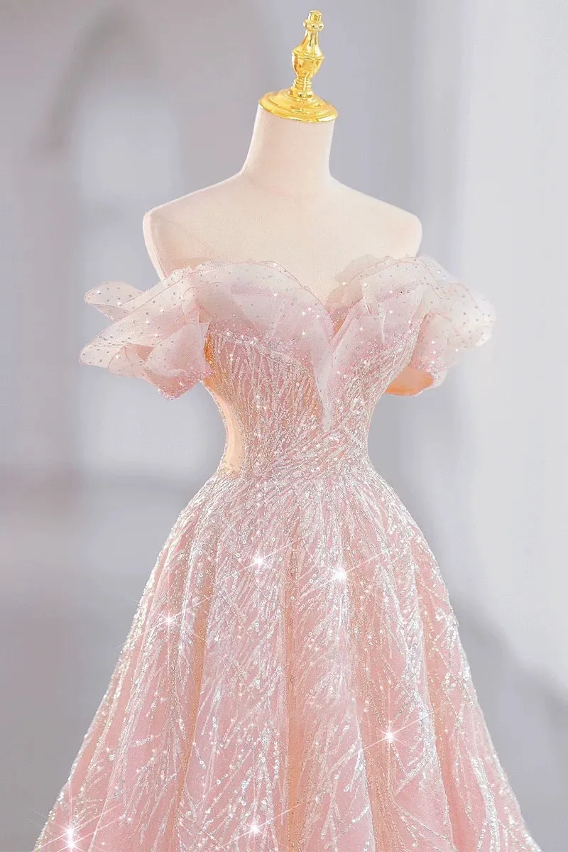 JazzHer Elegant A line Off The Shoulder Sequin Pink Evening Dress Long Prom Dresses (PRE-ORDER)