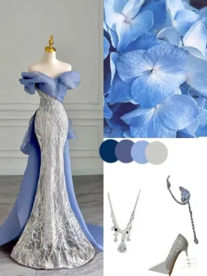 JazzHer Elegant Mermaid Off The Shoulder Blue Sequin Prom Dresses With Bow Long Evening Dress (PRE-ORDER)