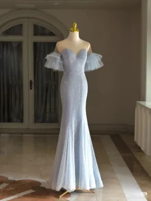 JazzHer Elegant Mermaid Off The Shoulder Light Sky Blue Sequin Evening Dress Long Prom Dresses (PRE-ORDER)