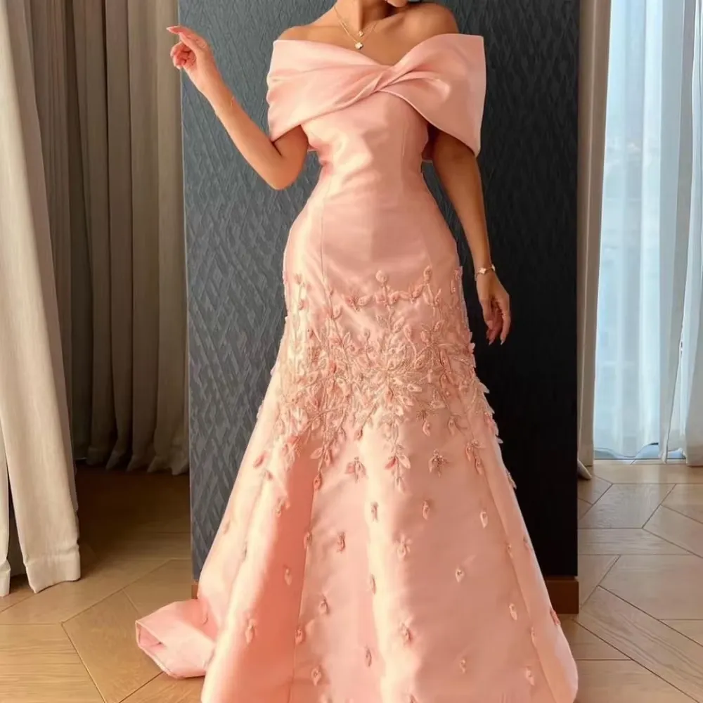 JazzHer Elegant Mermaid Off The Shoulder Satin Pink Appliques Long Prom Dresses Party Dress (PRE-ORDER)