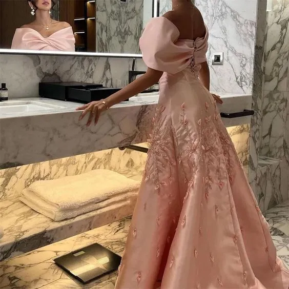 JazzHer Elegant Mermaid Off The Shoulder Satin Pink Appliques Long Prom Dresses Party Dress (PRE-ORDER)
