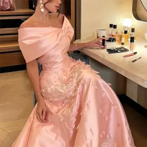 JazzHer Elegant Mermaid Off The Shoulder Satin Pink Appliques Long Prom Dresses Party Dress (PRE-ORDER)