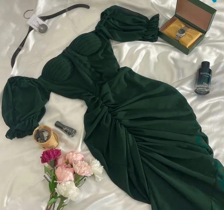 JazzHer Elegant Sheath Off The Shoulder Dark Green Chiffon Long Prom Dress Evening Dresses (PRE-ORDER)