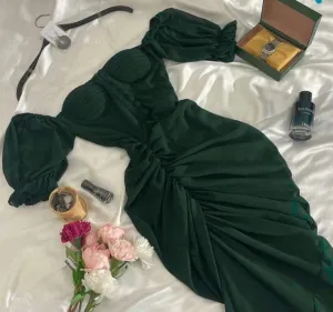 JazzHer Elegant Sheath Off The Shoulder Dark Green Chiffon Long Prom Dress Evening Dresses (PRE-ORDER)