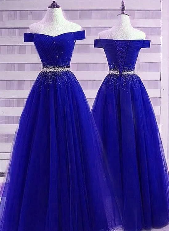 JazzHer Pretty A line Off The Shoulder Royal Blue Tulle Prom Dresses With Beads Long Evening Dress (PRE-ORDER)