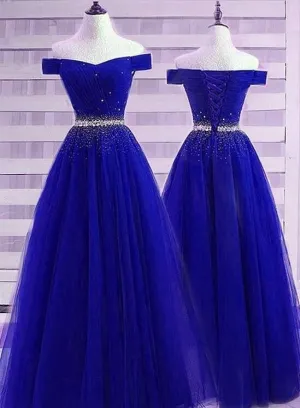 JazzHer Pretty A line Off The Shoulder Royal Blue Tulle Prom Dresses With Beads Long Evening Dress (PRE-ORDER)