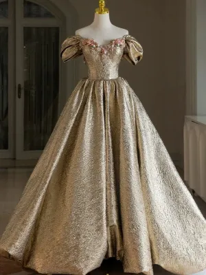JazzHer Pretty Ball Gown Off The Shoulder Gold Satin Long Ruffles Prom Dresses Sweet  Dresses (PRE-ORDER)