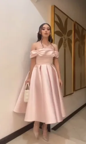 JazzHer Sexy A Line Off The Shoulder Light Pink Satin Evening Dress Prom Dresses Birthday Outfits BD  (PRE-ORDER)
