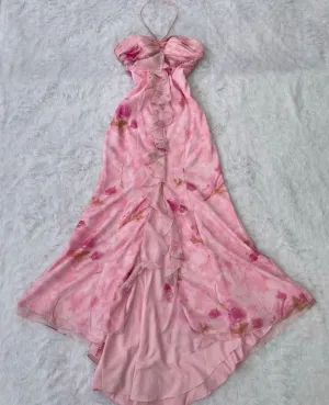 JazzHer Vintage Mermaid Halter Pink Chiffon Floral Long Prom Dresses Evening Dress (PRE-ORDER)