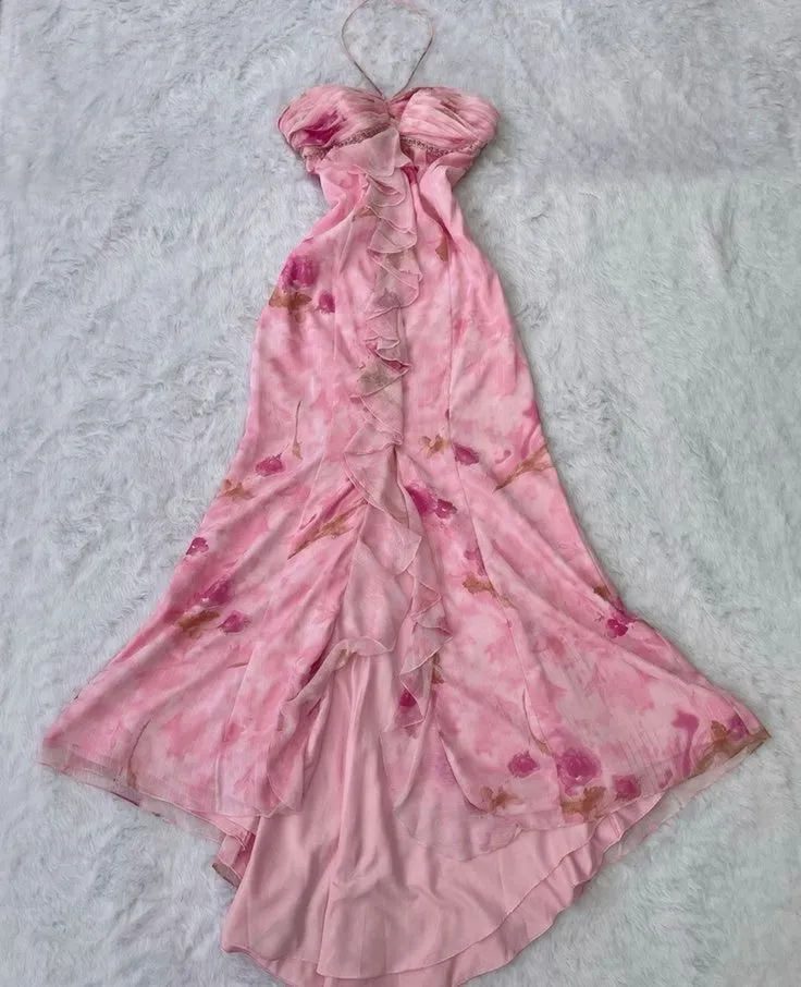 JazzHer Vintage Mermaid Halter Pink Chiffon Floral Long Prom Dresses Evening Dress (PRE-ORDER)