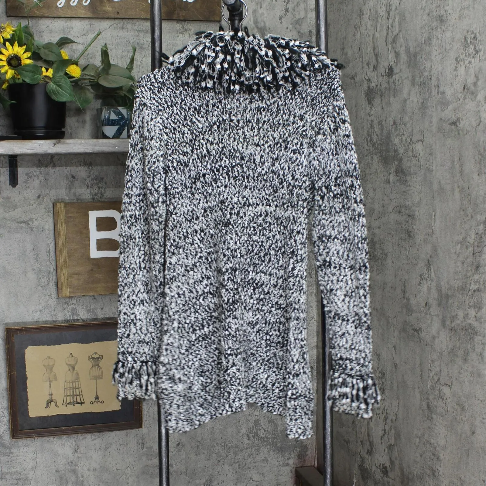 John Fashion Womens Fuzzy Cowl Neck Long Sleeve Cardigan Black / White S