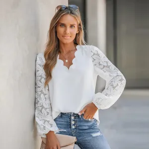 Lace Scalloped V-Neck Blouse
