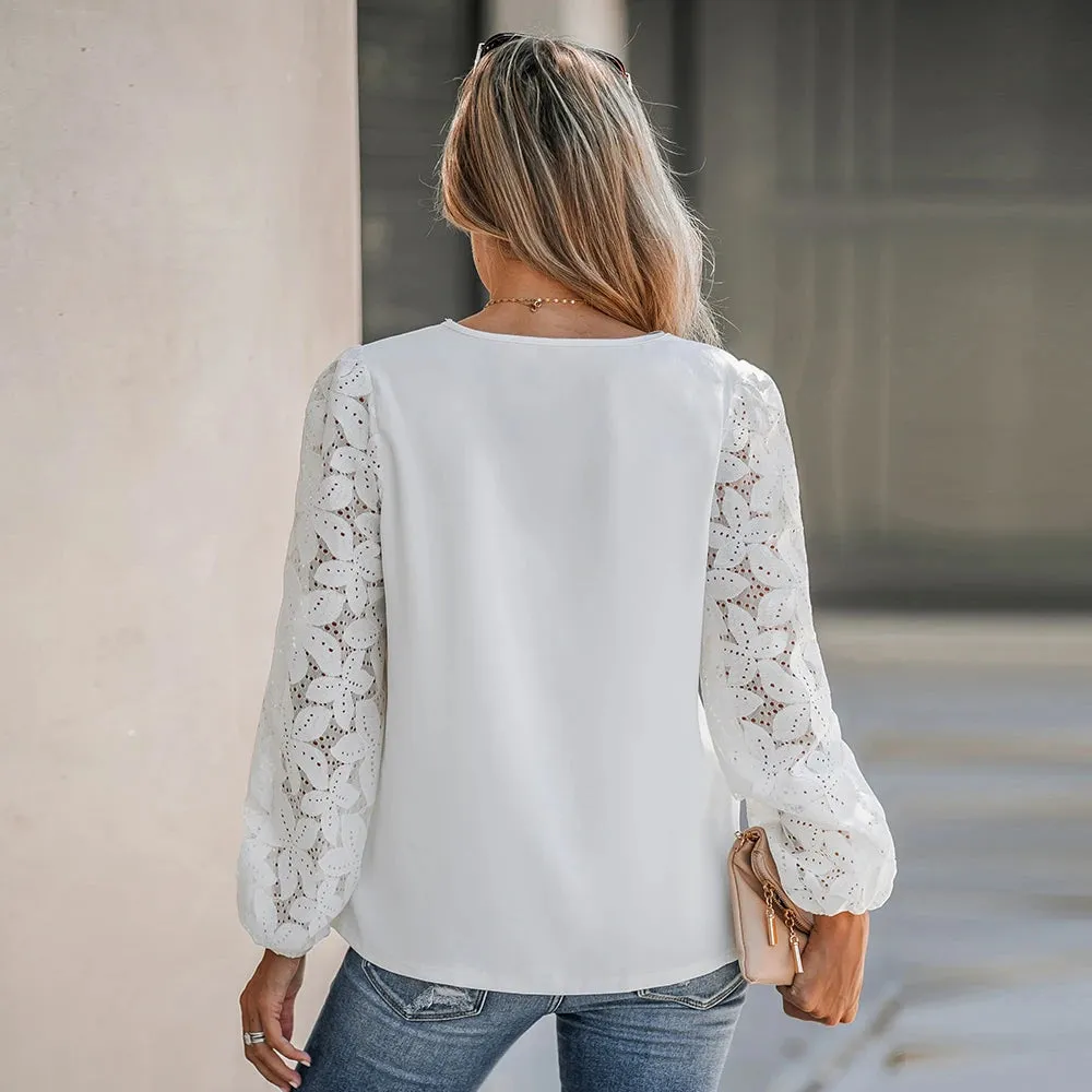 Lace Scalloped V-Neck Blouse