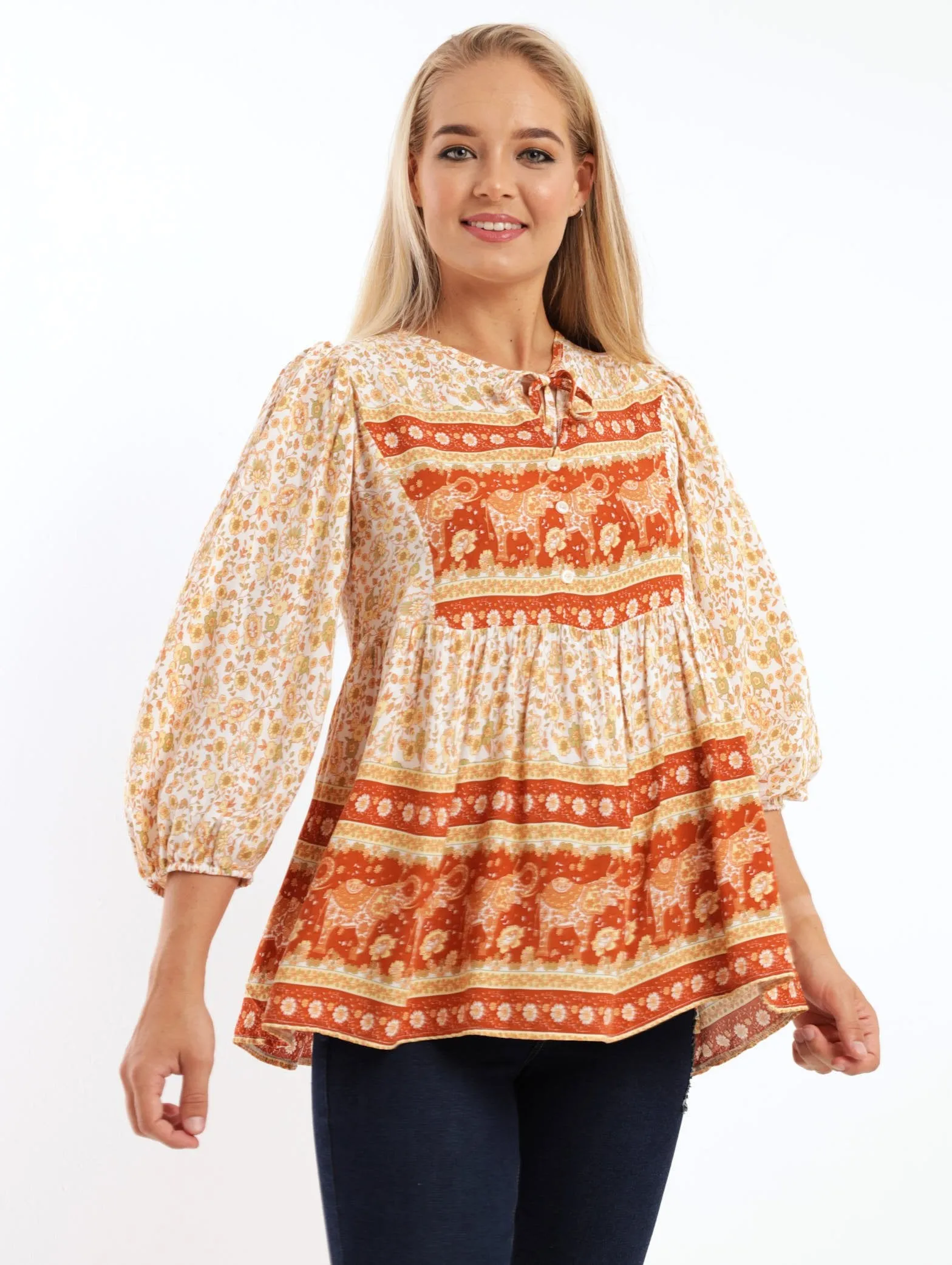 Ladies 3/4 Sleeve Border Printed Peasant Blouse
