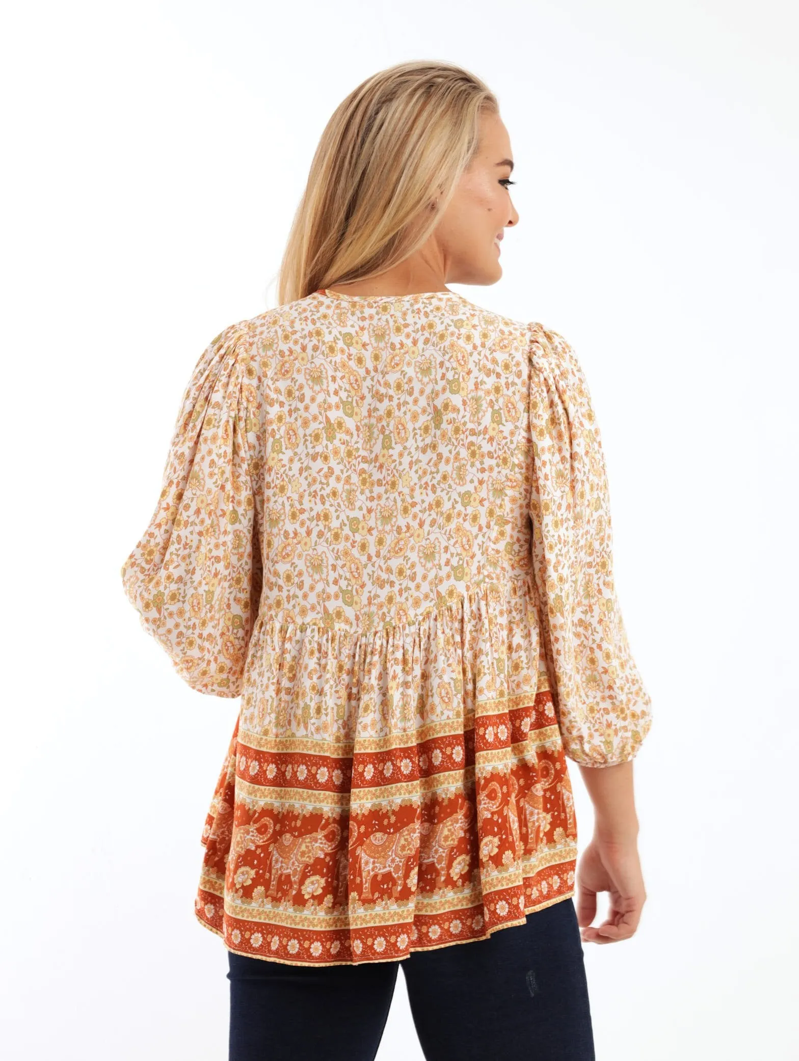 Ladies 3/4 Sleeve Border Printed Peasant Blouse