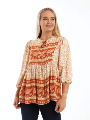 Ladies 3/4 Sleeve Border Printed Peasant Blouse